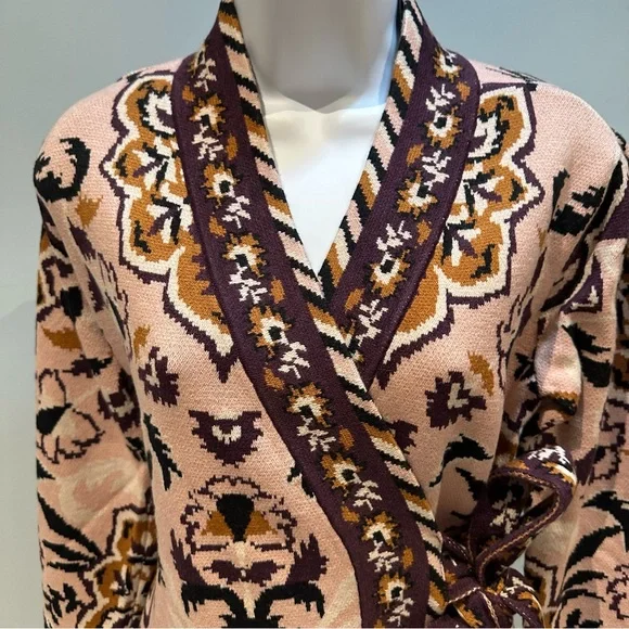 FARM RIO Glam Tapestry Knit Wrap Floral Sweater Mini Dress Cardigan Small New - Picture 8 of 16